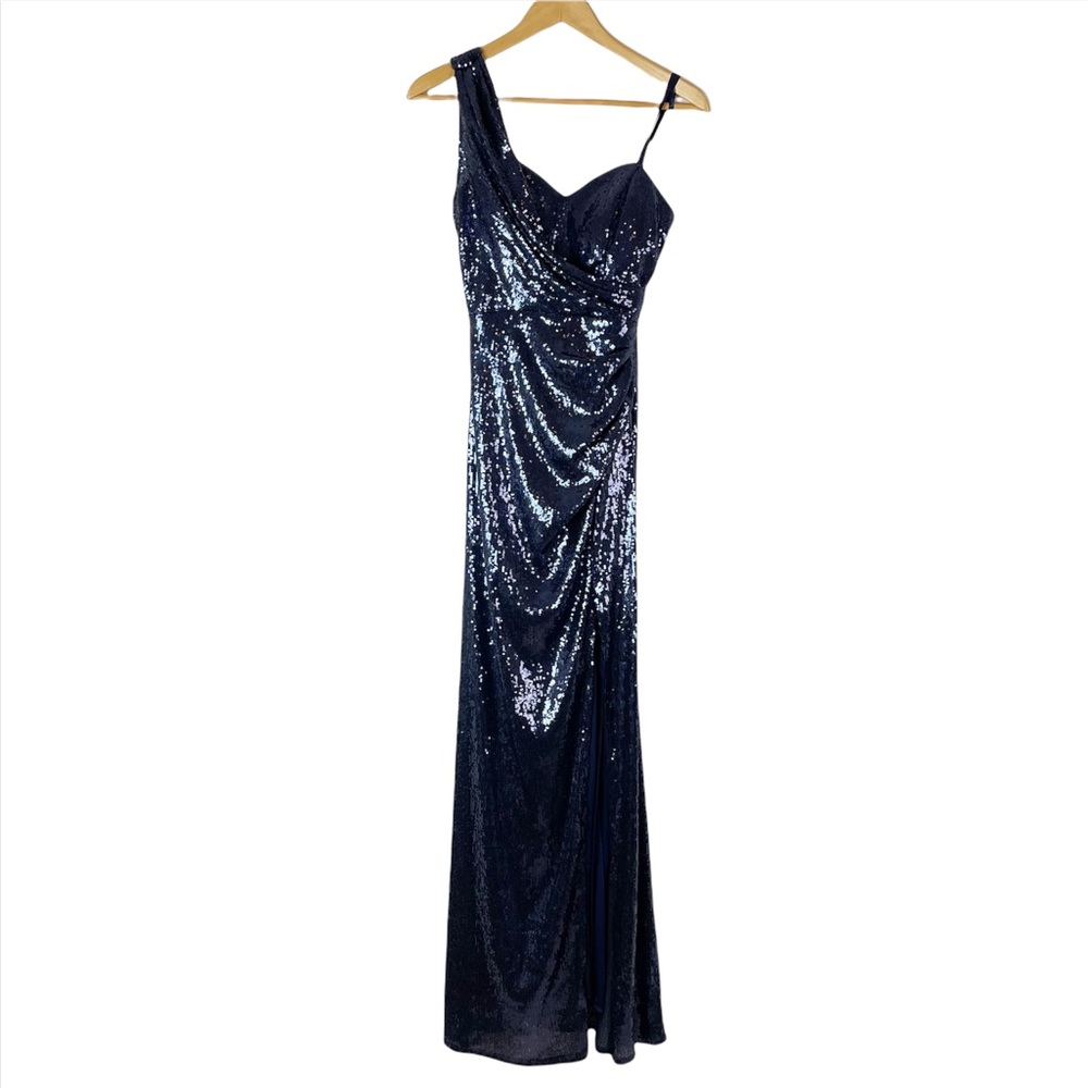 Cache Navy One-Shoulder Sequin Prom Gown - Picture 8 of 16